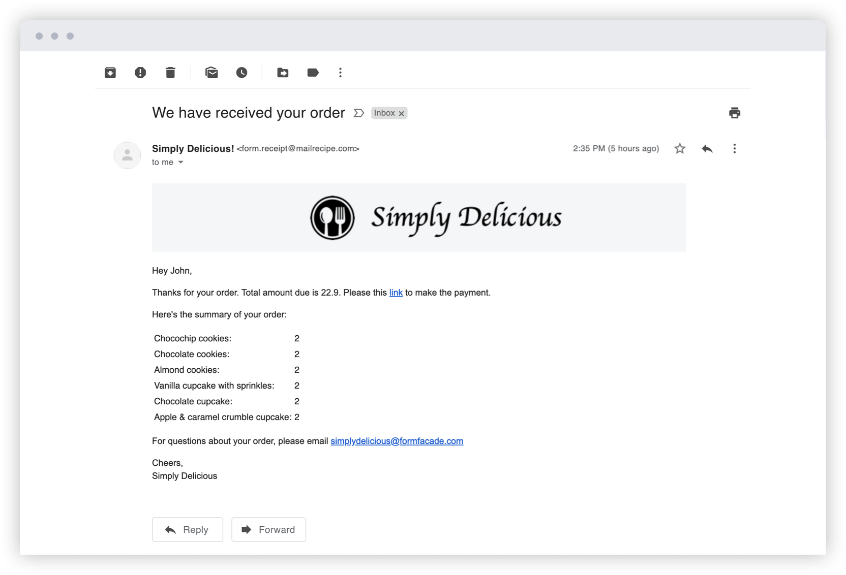 Send a customized confirmation email with the form response and additional instructions like payment link
